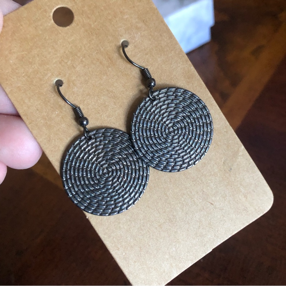 Gunmetal basket weave design disc dangle earrings